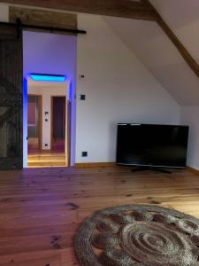 a living room with a flat screen tv and a rug at Le gîte au bout du chemin in Visker