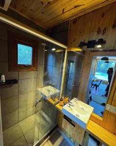 a bathroom with a shower and a sink and a mirror at Minicasa en Bariloche in San Carlos de Bariloche +22 photos
