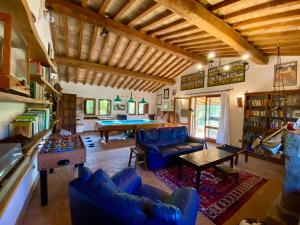 un soggiorno con divani blu e tavolo da biliardo di La casa di Francesco Incantevole casale di campagna with pool piscina a Soriano nel Cimino
