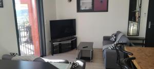 a living room with two couches and a flat screen tv at T2 vue imprenable au calme in Nice