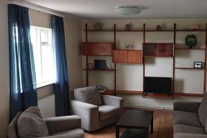 a living room with a couch and a chair and a tv at Grund in Rauðamelur