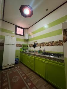 a kitchen with green cabinets and a white refrigerator at Surf Skate House in Tamraght Ouzdar