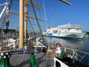 a large cruise ship is docked at a dock at Ferienwohnung Bach in Travemünde in Lübeck +2 photos