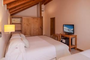 a bedroom with two beds and a television at Hotel Antiguos in San Martín de los Andes