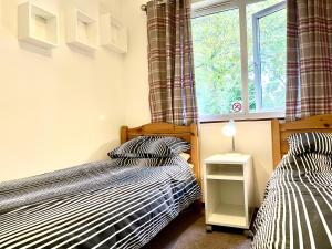 two twin beds in a bedroom with a window at 2 Bed Lodge - Sleeps 4 - Pets - Pool - Garden in Penzance