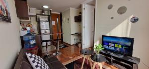 Una sala de estar con un sofá y un televisor de pantalla plana. en Departamento completo con Vista a la Ciudad, a pasos del Metro Santa Isabel, Barrio Italia, providencia, en Santiago