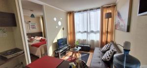 Una pequeña sala de estar con un sofá y un televisor. en Departamento completo con Vista a la Ciudad, a pasos del Metro Santa Isabel, Barrio Italia, providencia, en Santiago