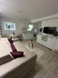 a living room with a large bed and a kitchen at Kolos Apartman 26 in Užice