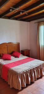 a bedroom with a large bed with red pillows at Club JM Lanzarote in Tabayesco