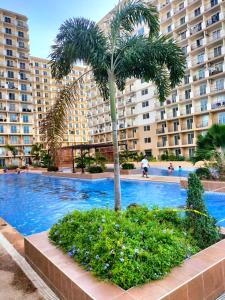 a palm tree in the middle of a swimming pool at MattiGab Homestay -studio type condo in Lapu Lapu City