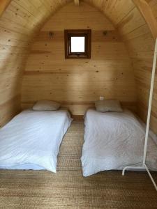 two beds in a wooden room with a window at Iglu holyday in San Amaro