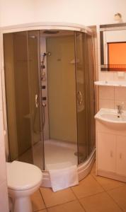 a bathroom with a shower with a toilet and a sink at Hotel Nad Rzeczką in Toruń