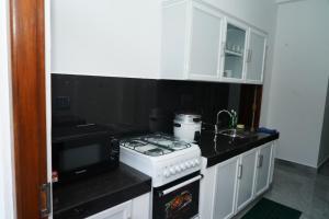 a kitchen with a stove and a microwave at The Alvis Nest in Kadawata