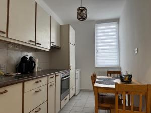 陶波尔曹Malompart Apartman的带桌子的厨房和餐厅