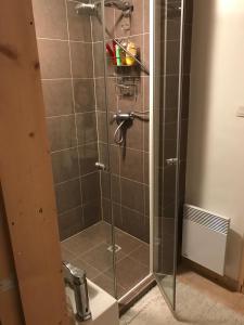 a shower with a glass door in a bathroom at Family-friendly Self-catering Chalet Rental in Abondance - Sleeps 12 Portes du Soleil in Abondance +10 photos