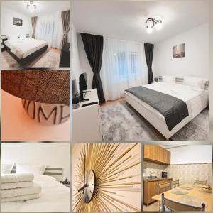 a collage of photos of a hotel room at Apartament Verde Residence Slănic-Moldova in Slănic-Moldova