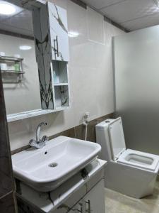 a bathroom with a sink and a toilet at Angelina Luxury Camp in Wadi Rum +76 photos
