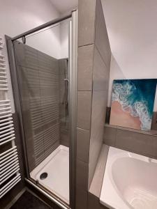 a bathroom with a shower and a sink at Luxus I Wohnküche I Garten I Terrasse I Parkplatz in Fürth +24 photos