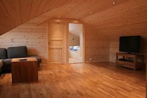 a living room with a couch and a flat screen tv at Flott utleiehytte på Gautefall in Treungen