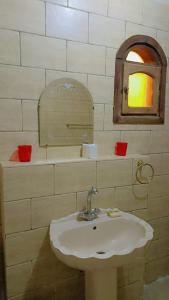 a bathroom with a sink and a mirror at Explore the beauty of the White Desert in Mandīshah
