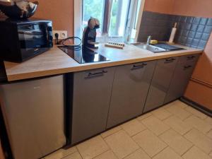 a kitchen with a counter top with a microwave at Gîte avec jacuzzi privatif in Solre-le-Château