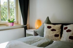 une chambre avec un lit avec des oreillers et une fenêtre dans l'établissement Villa Levin 35qm 2Personen mit Pool Wifi und Parken, à Steudnitz