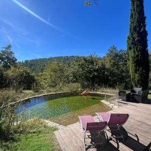 two chairs sitting on a deck next to a pond at Bastide de Garidelle in Callas +11 photos