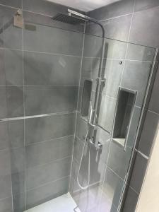 Un baño con ducha con puerta de cristal. en Appartement poincaré, en Dijon
