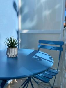 a blue table and chairs with a plant on it at Casa Vacanze Cimo Marine Style in Civitanova Marche +4 photos