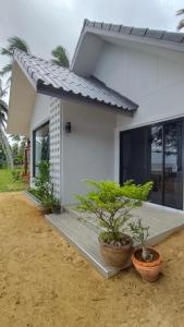 a white house with two potted plants in front of it at Baan rabianglay 1 in Ban Hin Sam Kon +13 photos