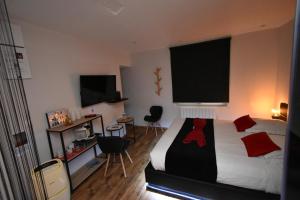 a hotel room with a bed and a television at SPA privatif Love room, Le Hammam et Bulles, chez Nuits Chartraines in Chartres