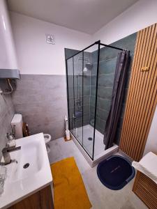 a bathroom with a shower and a sink at Apartmani Terra in Vukovar +17 photos