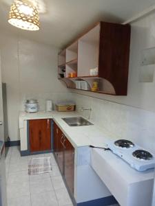 a small kitchen with a sink and a stove at HOST HOMES VILLA DOLINA Guest House in Tacloban