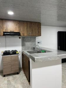 a kitchen with a sink and a counter top at Hospedaje La Tebaida in La Tebaida