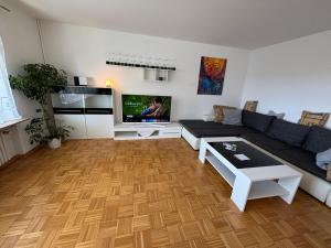 ein Wohnzimmer mit Couch und Flachbildfernseher in der Unterkunft Für Handwerker und Gruppen- große Ferienwohnung mit Balkon und Terrasse in Bad Dürrheim