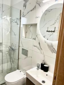 une salle de bain avec toilettes, lavabo et miroir dans l'établissement Ionia's Comfort Appartments -2nd floor, à Athènes 4 autres photos