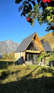 a house in a field with mountains in the background at Grand Mountain Cottage in Kazbegi