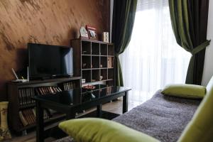 a living room with a tv and a coffee table at Apartmani Centar Kumanovo in Kumanovo