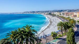 uma praia em tropea com palmeiras e o oceano em Studio Emmé neuf indépendant Nice Centre em Nice