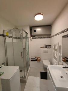 a bathroom with a shower and a toilet and a sink at Charmant studio in Roissy-en-France