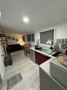 a kitchen and living room with a couch in the background at Studio neuf Bruges, centre-ville in Bruges