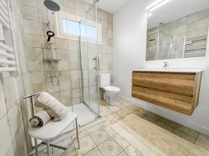 a bathroom with a shower and a toilet and a sink at Climatisation, Parking privé, Maison plein pied proche gare, 1 chambre, capacité 4 in Brétigny-sur-Orge +41 photos