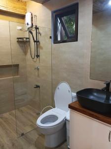 une salle de bain avec toilettes, lavabo et douche dans l'établissement The Nest by Trabiesa Tagaytay, à Tagaytay