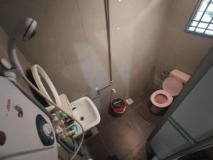 a small bathroom with a pink toilet and a sink at Jassha Homestay in Parit Raja