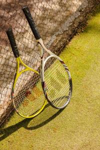 two tennis rackets sitting next to a net at Costa Avithos in Svoronata