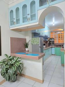 a large kitchen with blue cabinets and a plant at 35 Amistad Guesthouse in Baguio