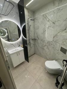 a bathroom with a shower and a toilet and a sink at Luxurious House with Deluxe rooms & Free Secured Parking in Sofia +43 photos