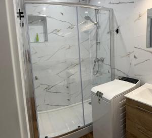 a white bathroom with a shower and a toilet at Apartament Magdalenka in Strzelce Opolskie +4 photos