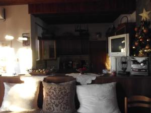 a living room with a christmas tree and a couch at Gerakofolia Rooms to Let in Konitsa