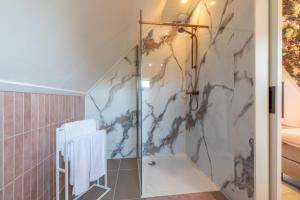 a shower with a glass door in a bathroom at Welcome in - Appartement Bed by Al - Achterstraat 9 Kortgene in Kortgene +17 photos